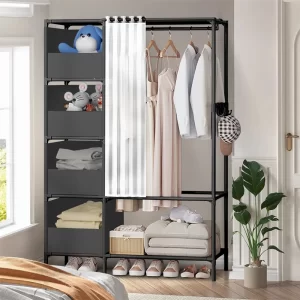Portable Clothes Wardrobe – 4-Shelf Closet with Curtain